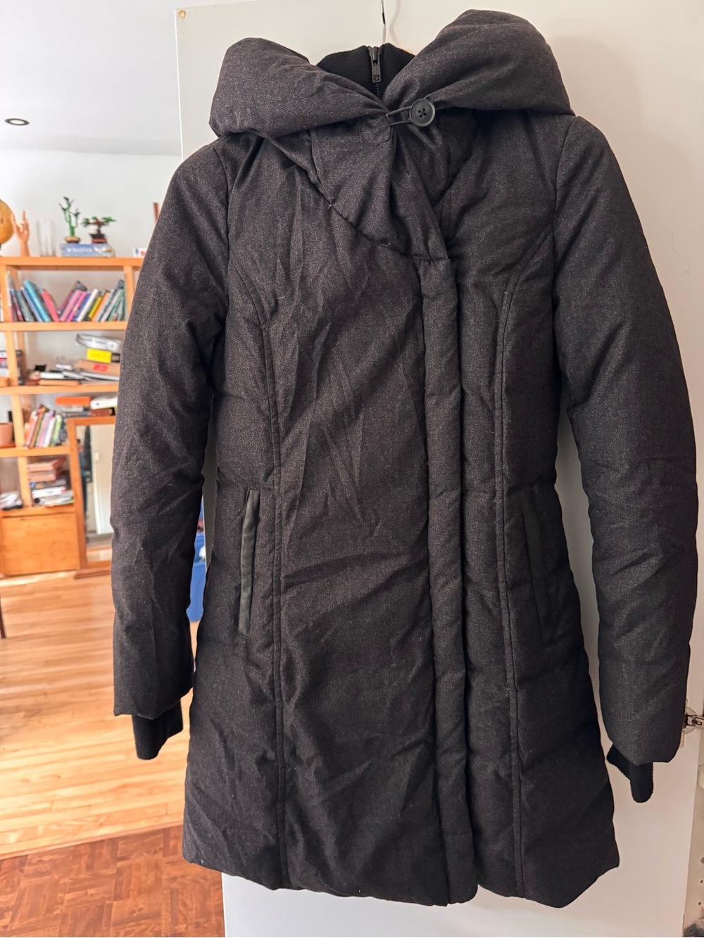 Soia & Kyo XS Down Puffer Coat Wool-Look Hood Lambskin Leather Trim